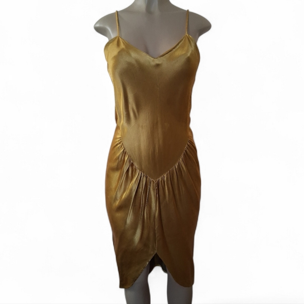90's Y2K Gold V-shaped ruched waistline Dress Draped Asymmetrical Hem Flaws